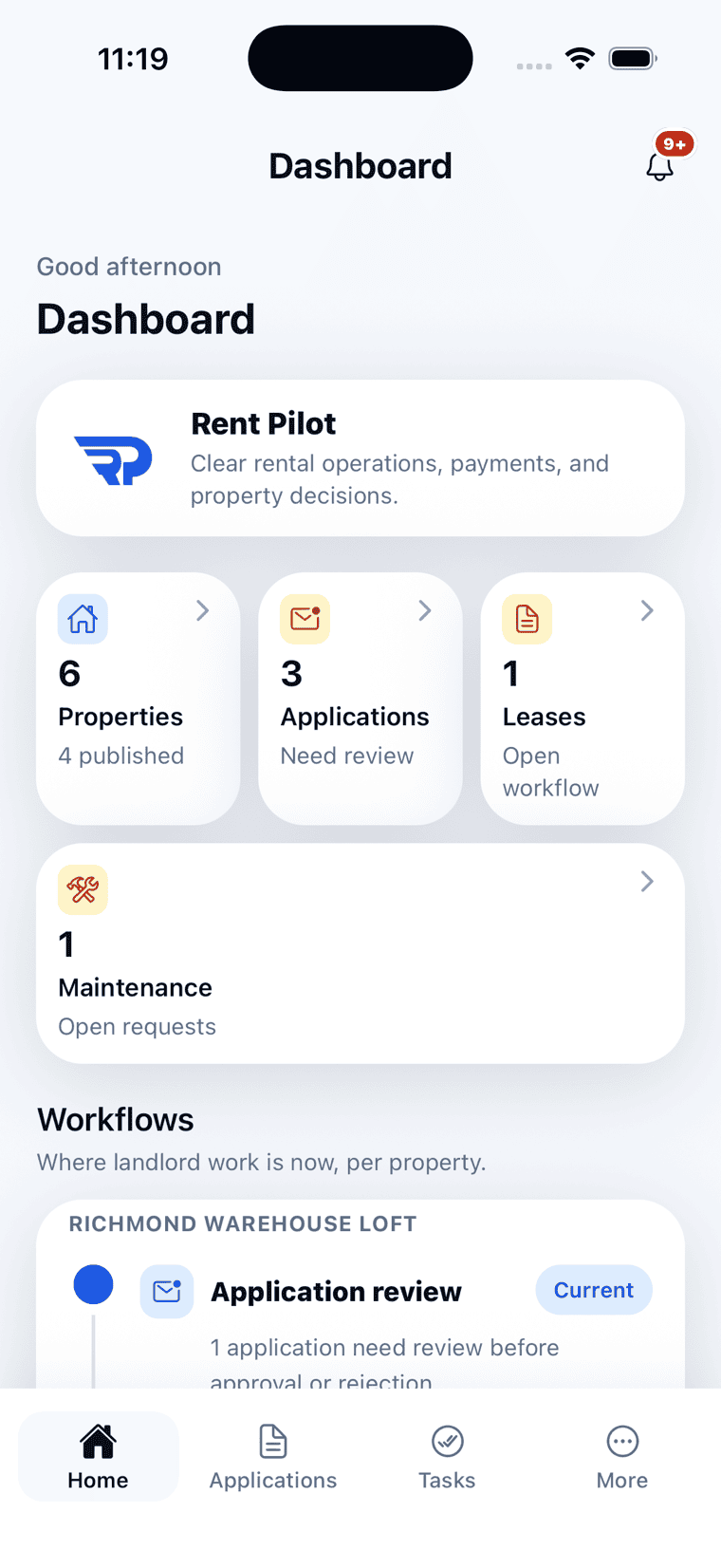 Rent Pilot landlord dashboard screen