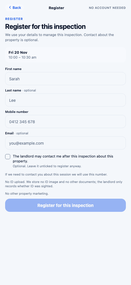 Rent Pilot screenshot — Register without an account