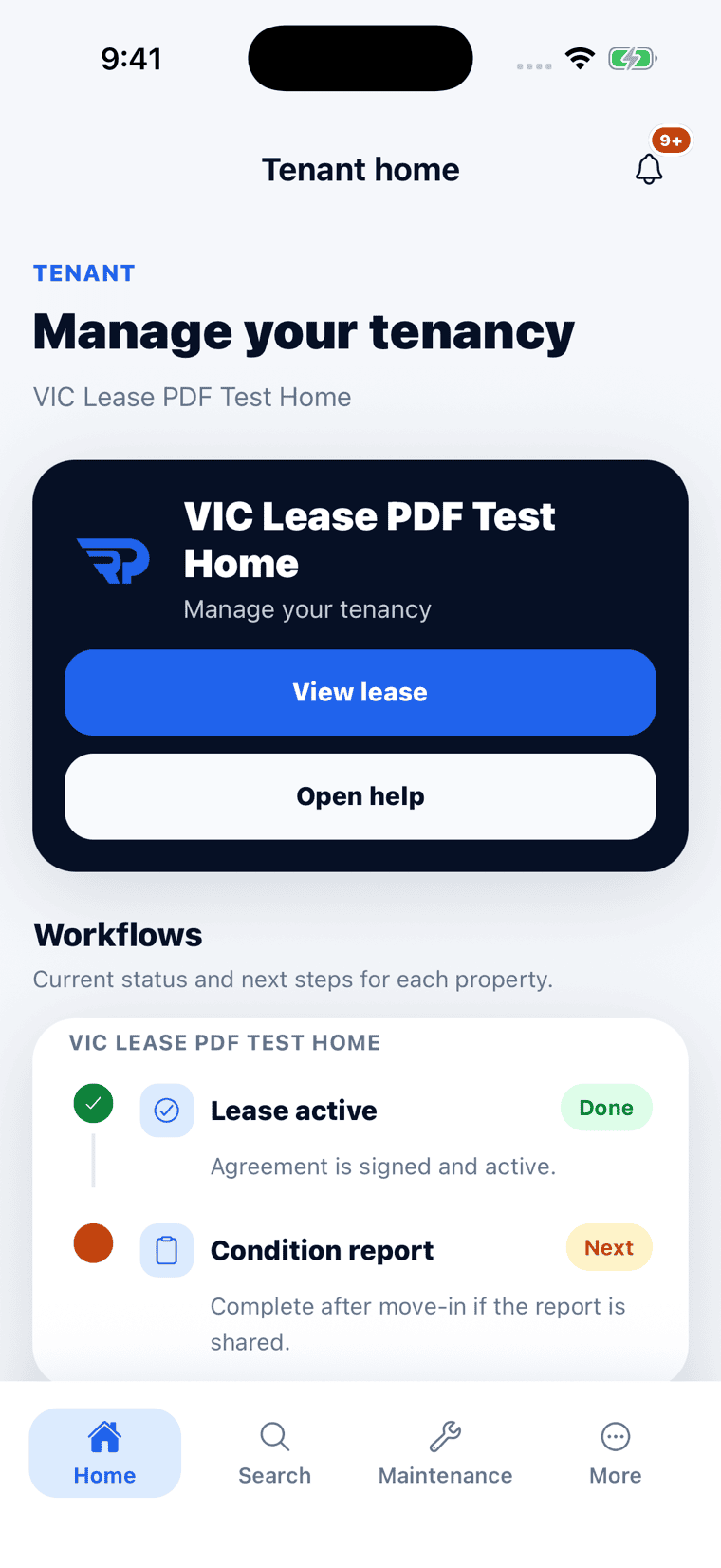 Rent Pilot screenshot — The tenancy from the tenant's view